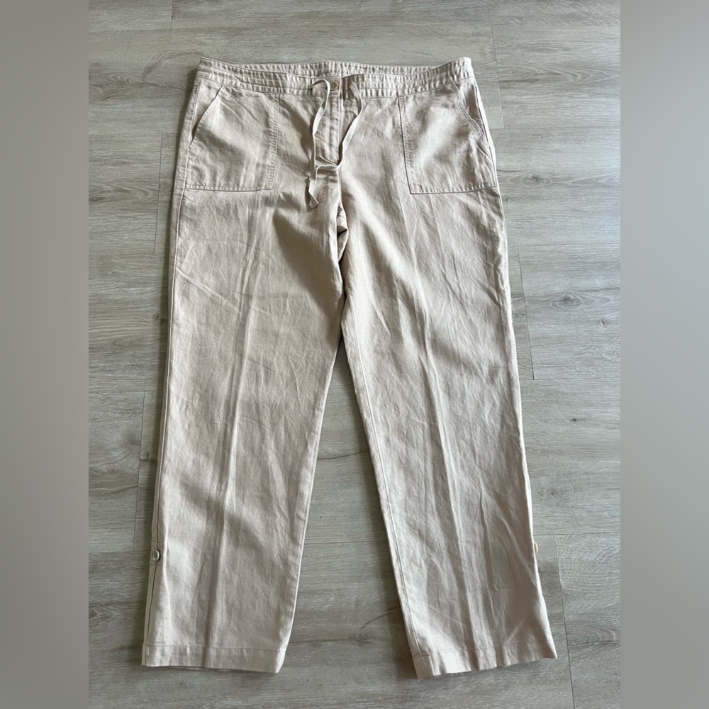 Talbots Linen Cotton Blend Straight leg Tan Roll Up Cuff Pants SZ 16 NWT